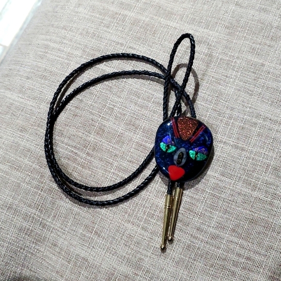Vintage Accessories - BOLO TIE BLACK LEATHER W GLASS ART DECO CONTEMPORARY BLUE FACE RED LIPS SHIMMER